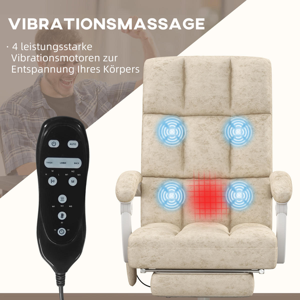 BÜROSTUHL mit Vibrationsmassage Ergonomischer Schreibtischstuhl mit Wärmfunktion - Beige, Kunststoff (74/118/64cm) - Vinsetto
