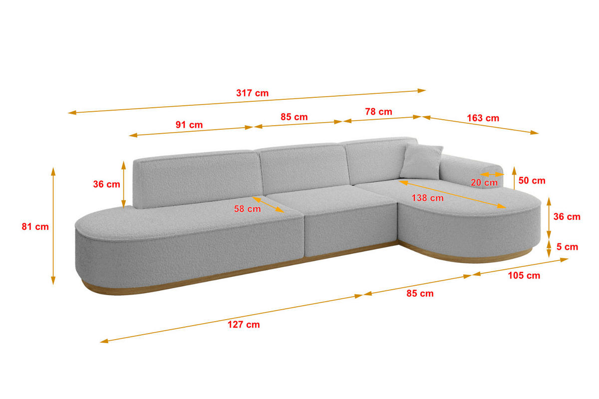 ECKSOFA Ottomane Rechts MARI-L2-v2 - 328x171x83 cm Hellgrau Bouclé - Hellgrau, Holzwerkstoff/Textil (171/328cm) - ALTDECOR