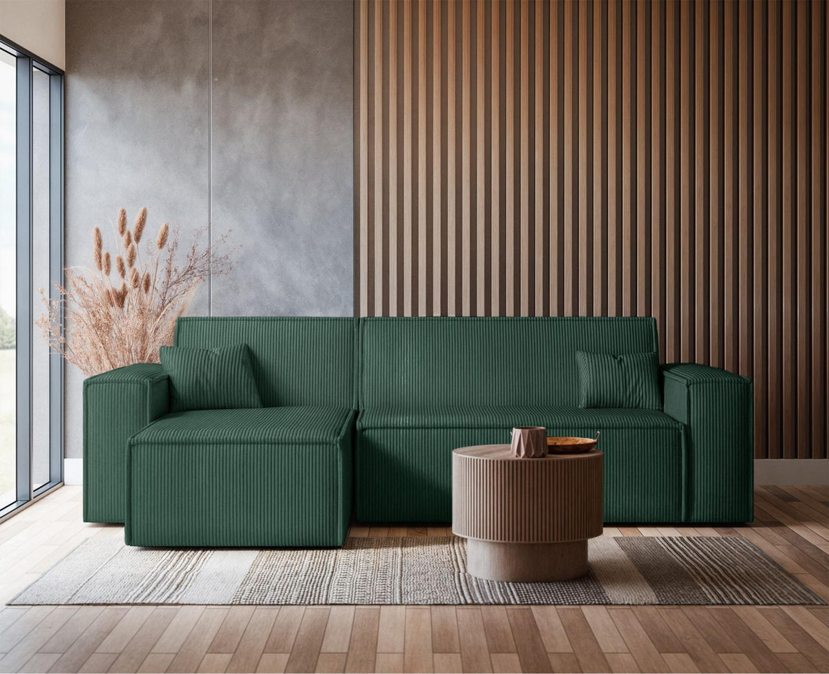 ECKSOFA Scarlo Dunkelgrün Cordbezug - Dunkelgrün/Schwarz, Kunststoff/Textil (244/145cm) - Selsey