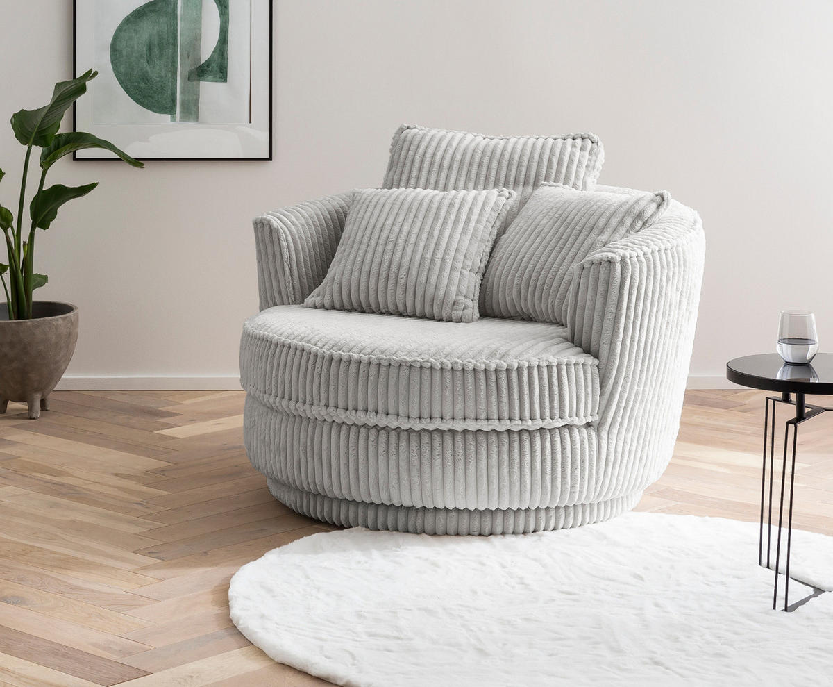 BIG-SESSEL Relaxsessel Mega Cord hell grau Ø 120 cm 360° drehbar, inklusive 3x Kissen - Hellgrau/Grau, Holz/Textil (120/86/120cm) - Furn.Design