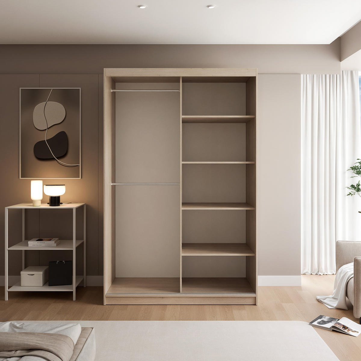 SCHIEBETÜRENSCHRANK SILENTE 140 cm mit Einlegeböden und Kleiderstange - Braun, Holzwerkstoff (140/205/60cm) - Idohome
