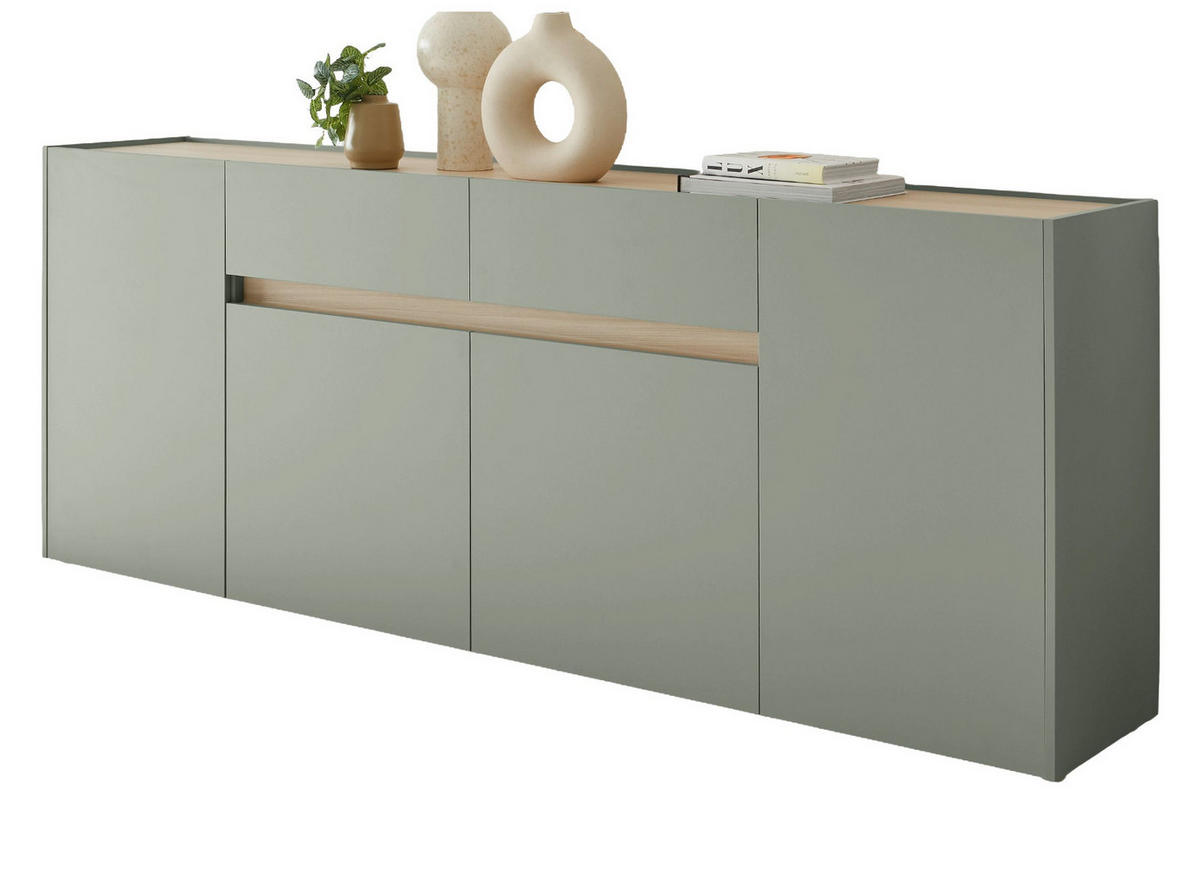 SIDEBOARD in Salbei Grün mit Eiche, große Kommode 4-türig mit Schubkästen, 223 x 87 cm - Salbeigrün/Eichefarben, Holz/Holzwerkstoff (223/87/40cm) - Furn.Design