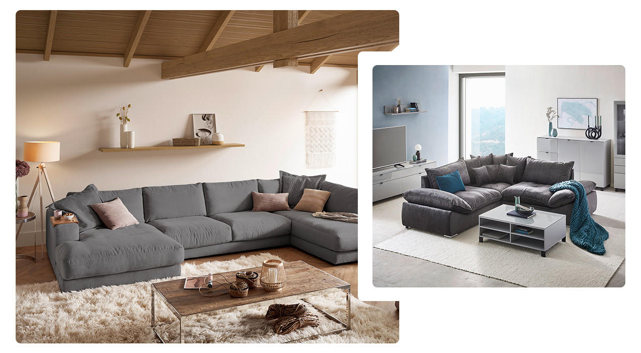 graue Couch Landhausstil und graue Couch mit Farbakzenten in blau