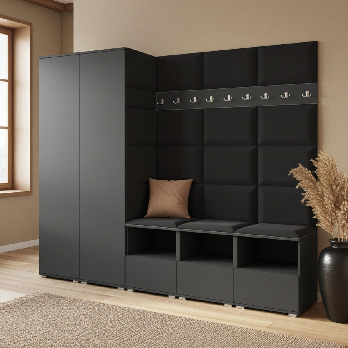 GARDEROBE NELA VII 250 cm (Modulare Flurmöbel XL Graphit mit Sitzpolster Schwarz 16 2 Schränke) - Silberfarben/Schwarz, Holz/Holzwerkstoff (250/187/40cm) - Ravio