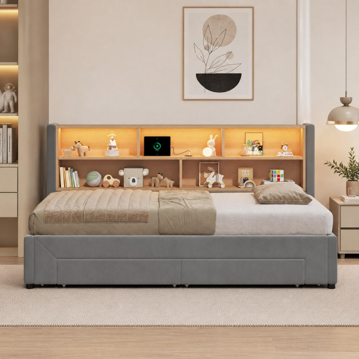 POLSTERBETT 90/200 cm & 180/200 cm in Grau mit Schubladen, offenen Fächern, USB, Type-C und LED Samt Design - Grau, Holzwerkstoff/Textil (90/200cm) - STILVORA