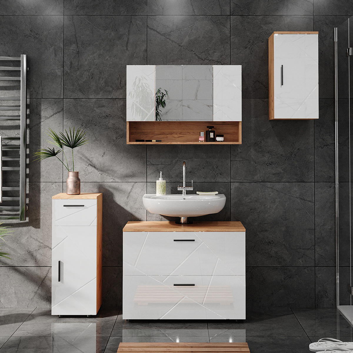 HÄNGESCHRANK Irma, Eiche/Weiß Hochglanz, 30 x 59 cm mit Regal - Honigeiche/Weiß Hochglanz, Holzwerkstoff (30/59/24cm) - Vicco