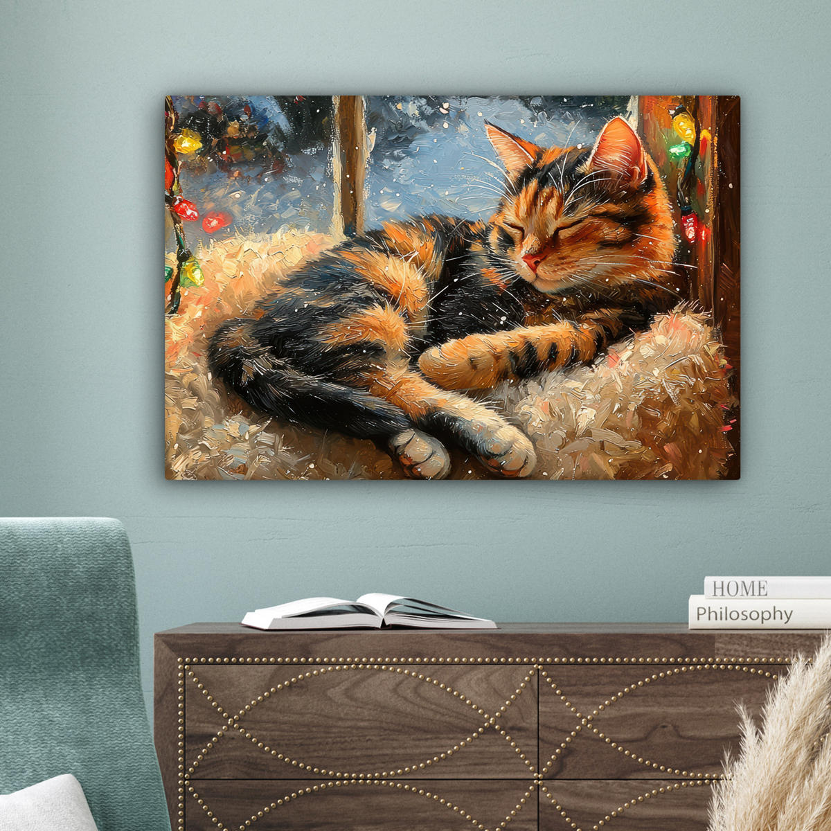 LEINWANDBILD Katze - Weihnachten - Winter - Tier Gemälde 60x40 cm - Bernsteinfarben, Textil (60/40cm) - MuchoWow