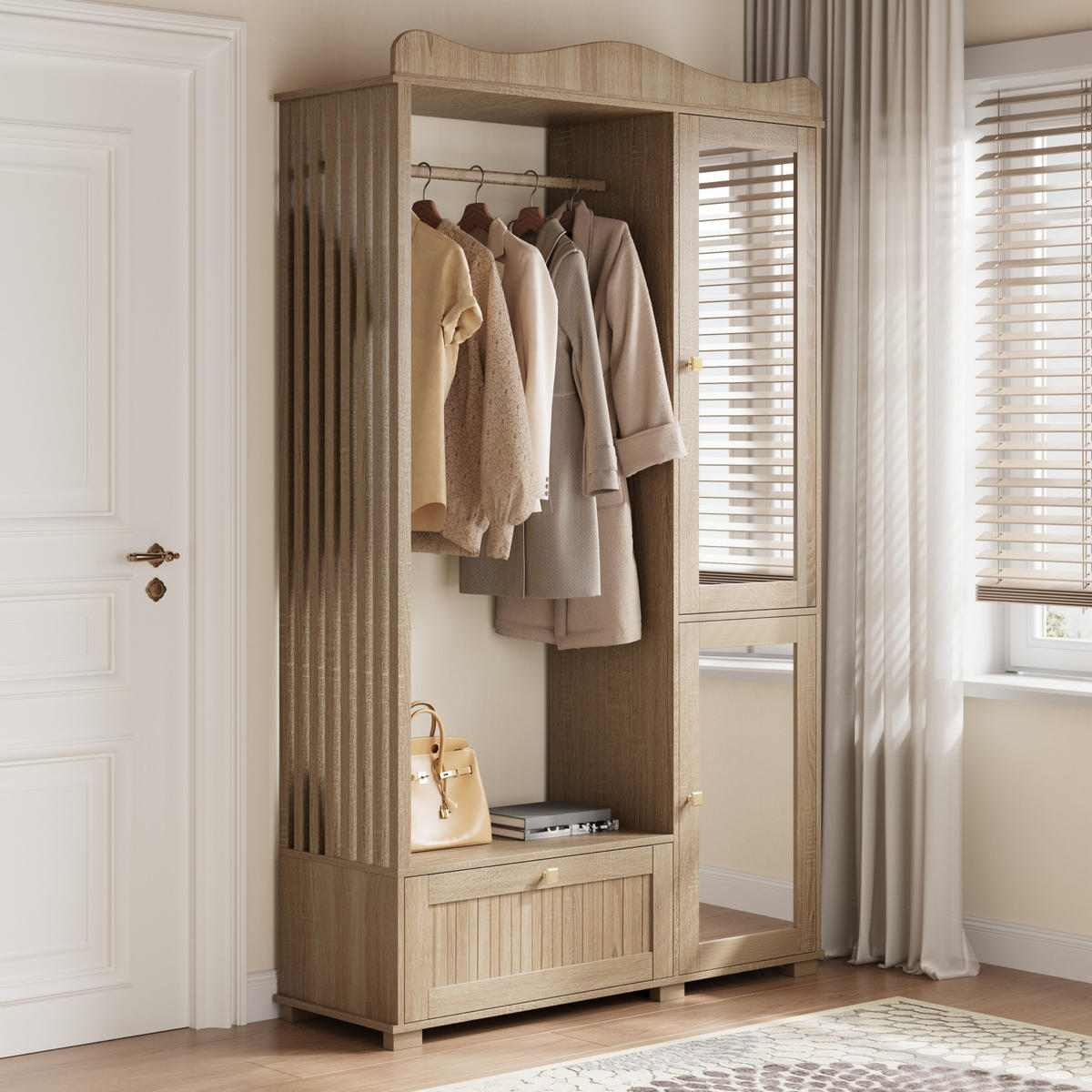 GARDEROBENSCHRANK Spiegel Kleiderstange Schublade - Eichefarben, Holz (115.5/194.5/38.5cm) - Fortuna Lai