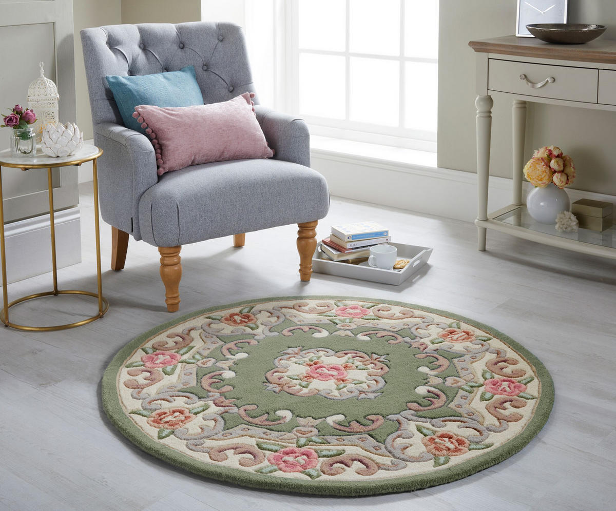 WOLLTEPPICH Aubusson-Muster handgeknüpft BEAULY, Grün-Beige 120x120 cm - Grün, Textil (120/120cm) - KADIMA DESIGN