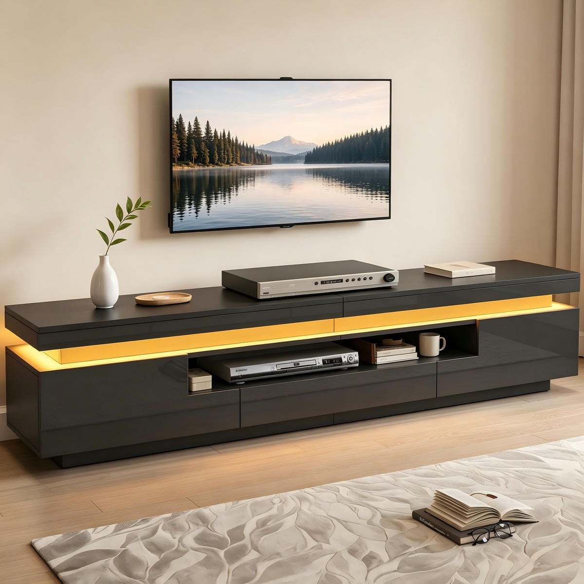 TV-ELEMENT 175/38/45 cm Hochglanz Schwarz mit LED-Beleuchtung und Stauraum - Schwarz, Holzwerkstoff (38/45/175cm) - Korfee