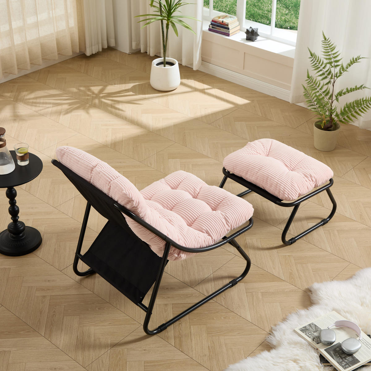 SCHAUKELSTUHL mit Dickem Kissen und Hocker Metallrahmen,für Garten Balkon Wohnzimmer Rosa - Pink, Metall (65/86/78cm) - PARAFTA HOME