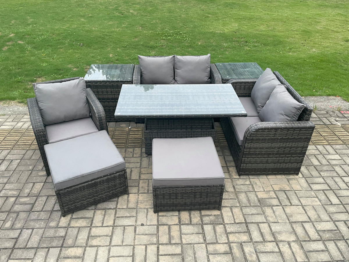 GARTENMÖBELSET Polyrattan 7-Sitzer - Dunkelgrau, Metall - Fimous