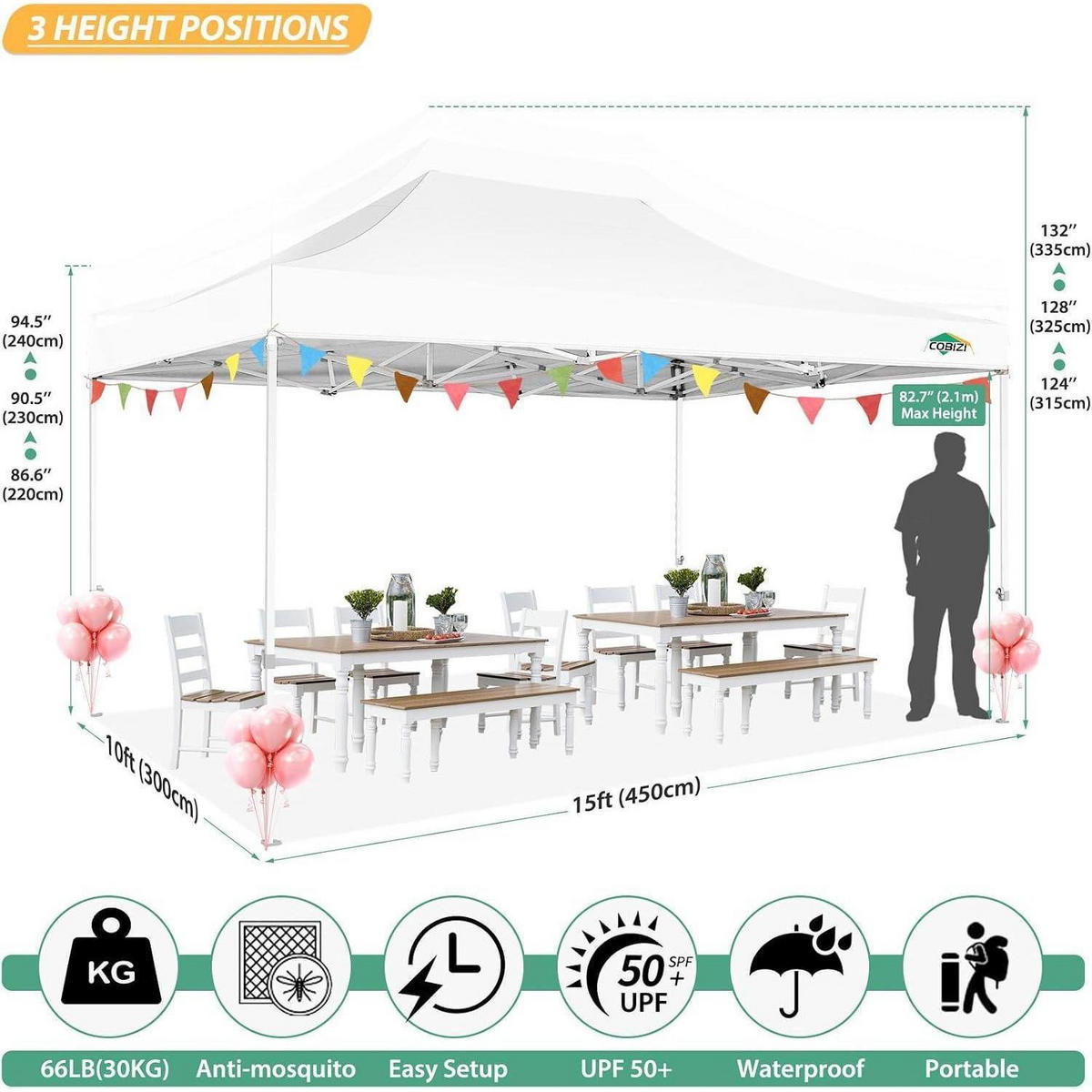 GARTENPAVILLON 300 x 450 cm Wasserdicht mit 4 Netz-Seitenwänden Khaki Weiß - Weiß, Textil (300/335/450cm)