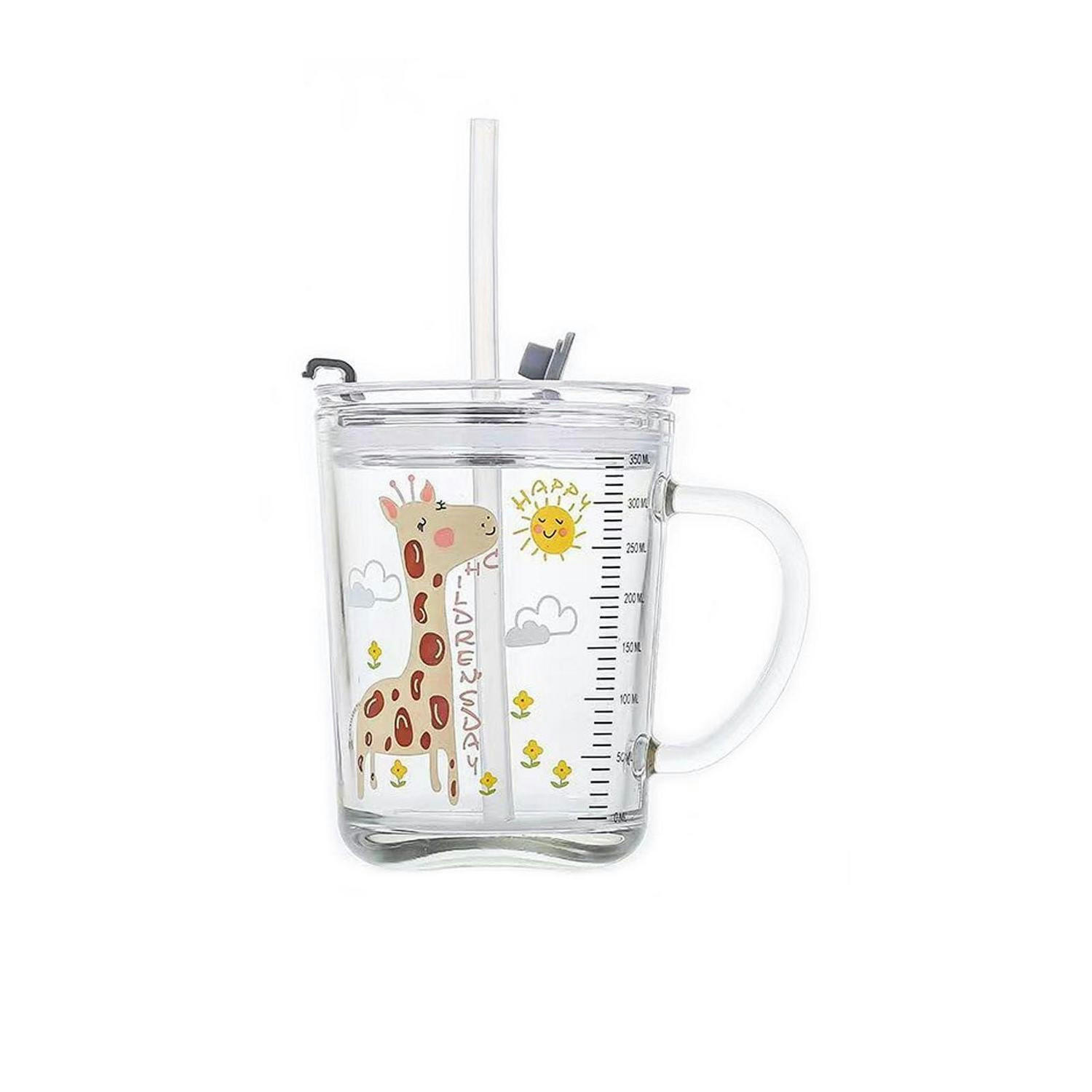 TRINKBECHER Glas 400 ml mit Strohhalm und Deckel Gelbe Giraffe - Gelb, Glas (0.4L)