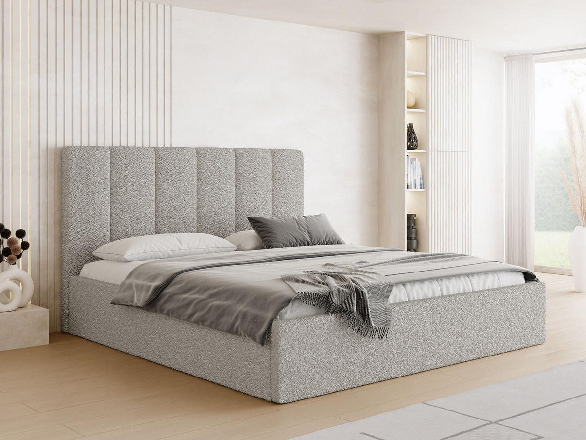 POLSTERBETT Amira Slim mit Bettkasten, Grau Boucle 140x200 cm - Birkefarben/Hellgrau, Holz/Holzwerkstoff (140/200cm) - WFL GROUP