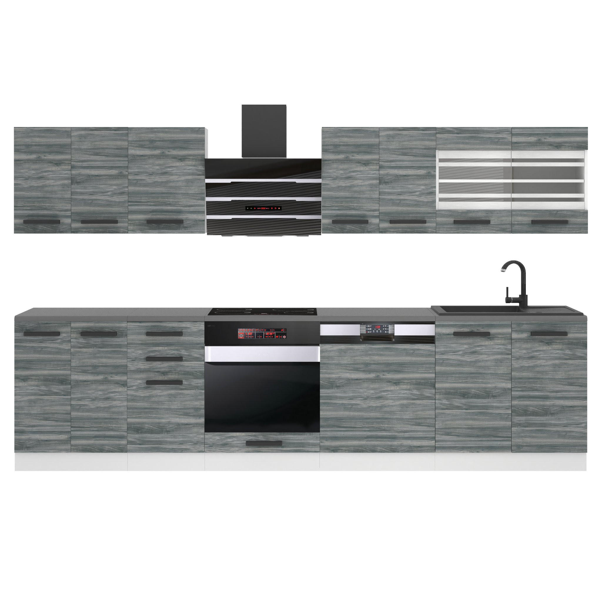 KÜCHENZEILE Lucy 300 cm, Ohne Arbeitsplatten, Glamour Wood - Grau, Holz (300/204/60cm) - B BELINI GROUP