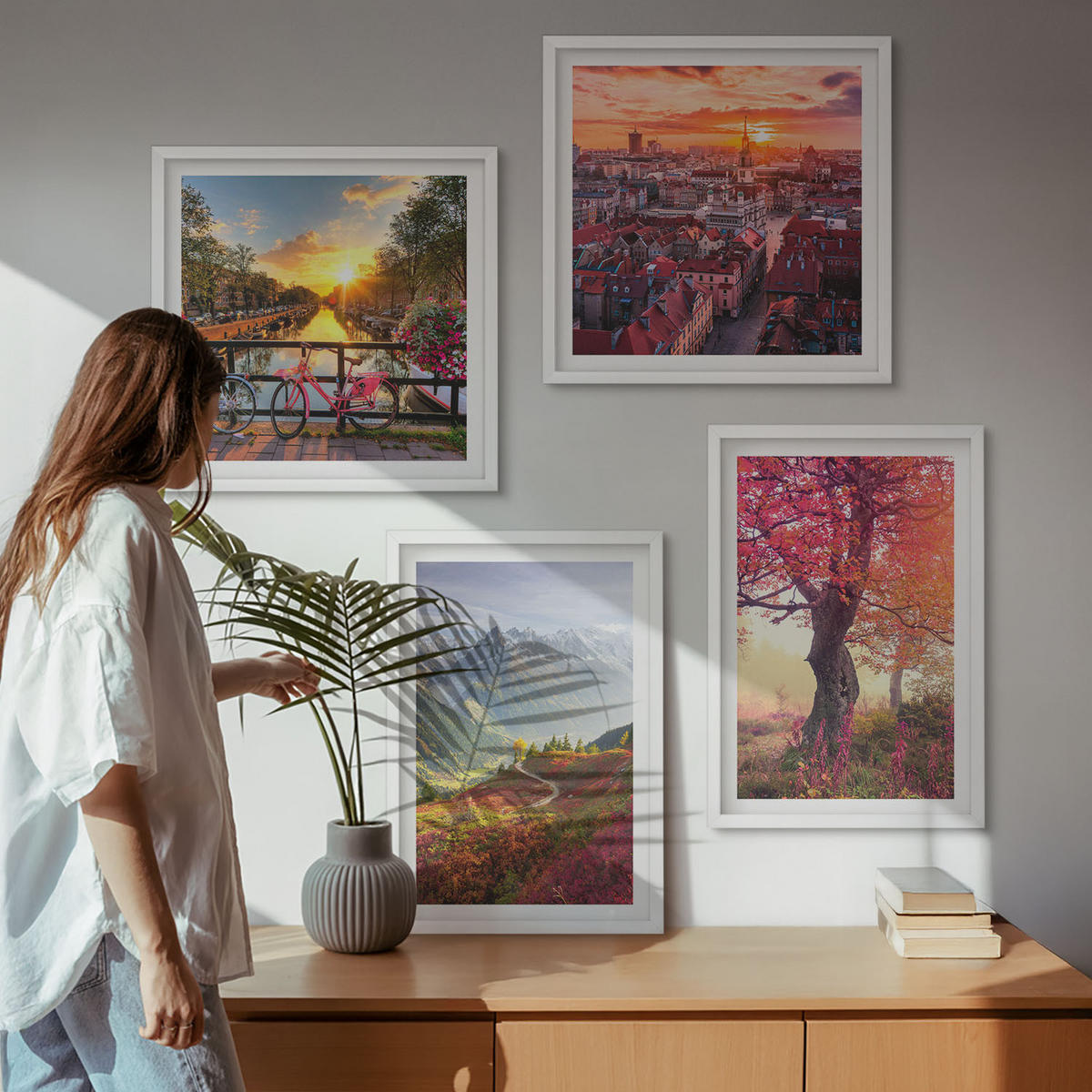 BILDER SET 4er Set - 50x50 cm & 40x60 cm Weißer Rahmen - Berglandschaften mit dem Fahrrad - Weiß, Kunststoff (50/50cm) - TULUP
