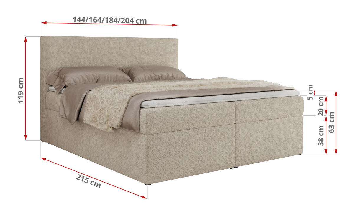 BOXBETT JAGUAR 180/200 - Beige Struktur - H3 - Beige, Holz/Textil (180/200cm) - MKS