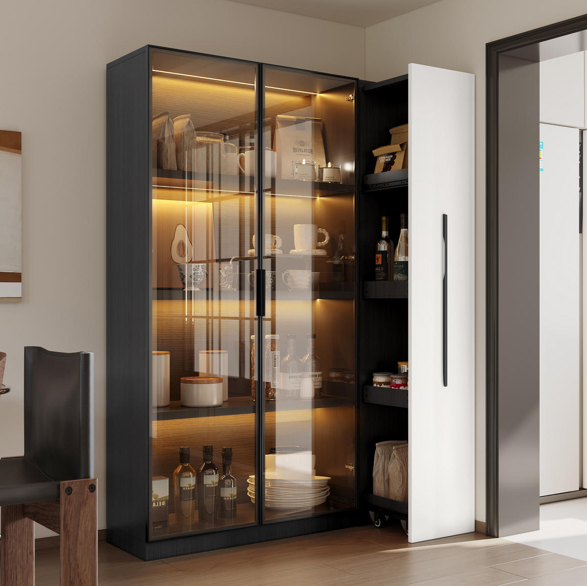 VITRINE 110.5/35/160 cm schwarz/weiß aus MDF mit LED-Beleuchtung - Schwarz, Holzwerkstoff (35/160/110.5cm) - OKMYHOME