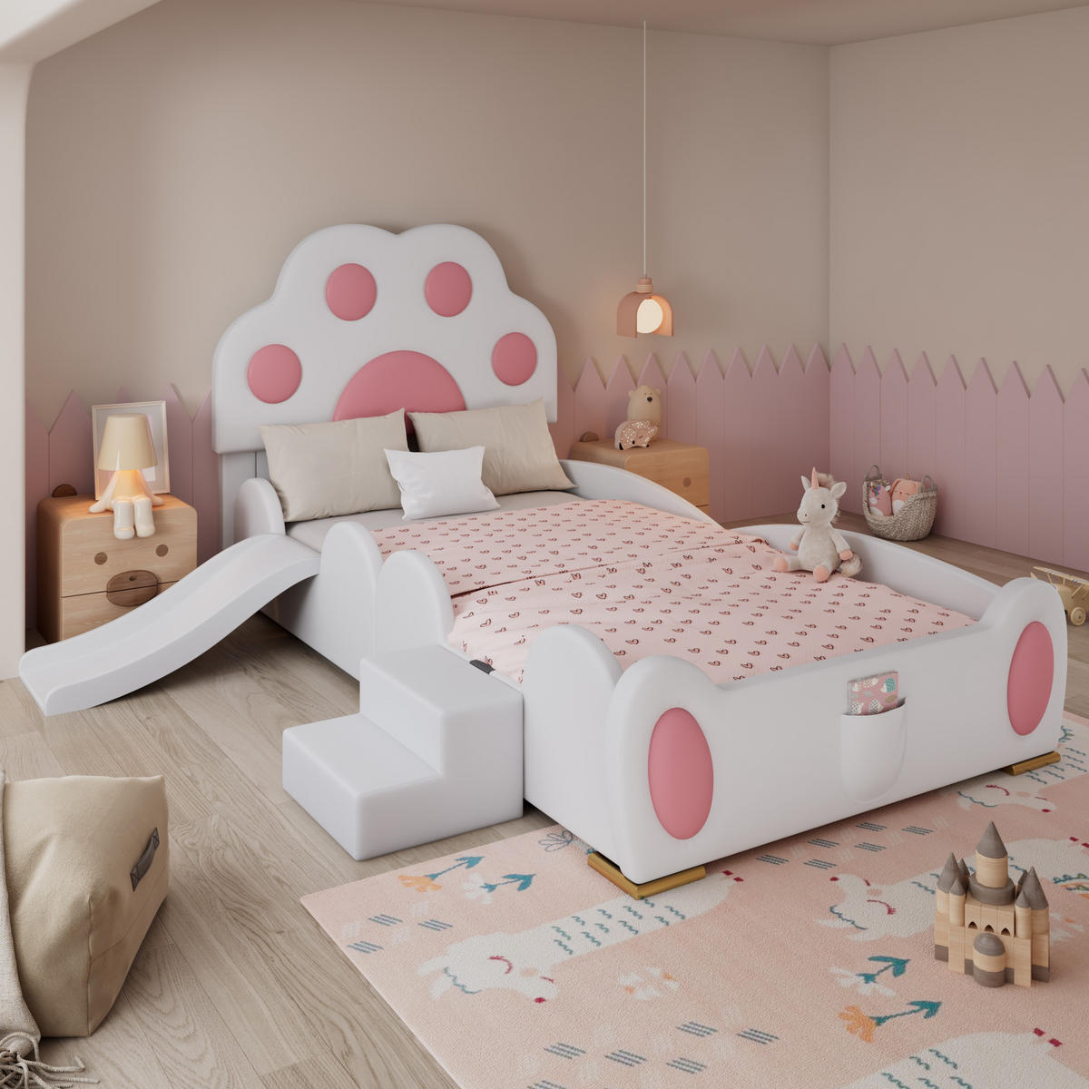 KINDERBETT 90/200 cm weiß und rosa aus PU mit Rutsche und Leiter - Weiß, Kunststoff (90/200cm) - OKWISH