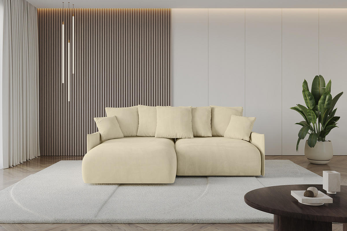 ECKSOFA mit Schlaffunktion und Bettkasten ONESK-L -v1 208x165x40 Beige Velours - Beige, Holzwerkstoff/Kunststoff (208/165cm) - ALTDECOR