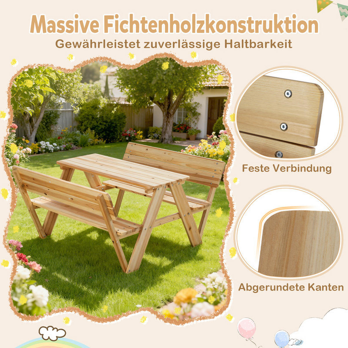 KINDERGARTENTISCH mit Sitzbänken natur - Naturfarben, Holz - COSTWAY