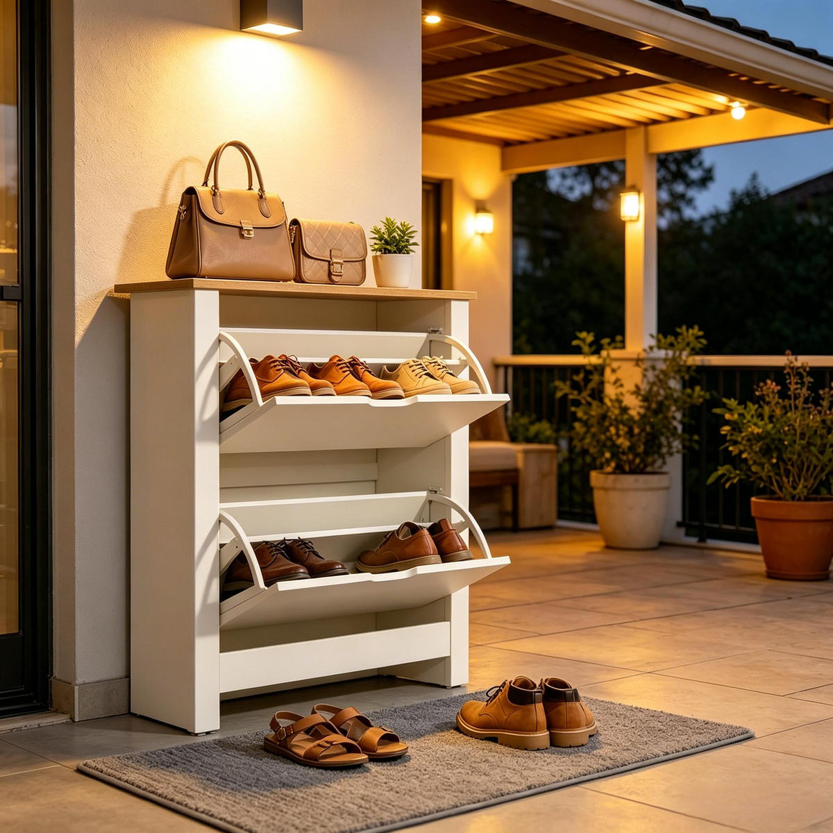 SCHUHKIPPER DE-38082 72/26/80 cm mit 2 Klapptüren Naturholz/Weiß - Weiß, Holzwerkstoff (72/80/26cm) - ComfortXL