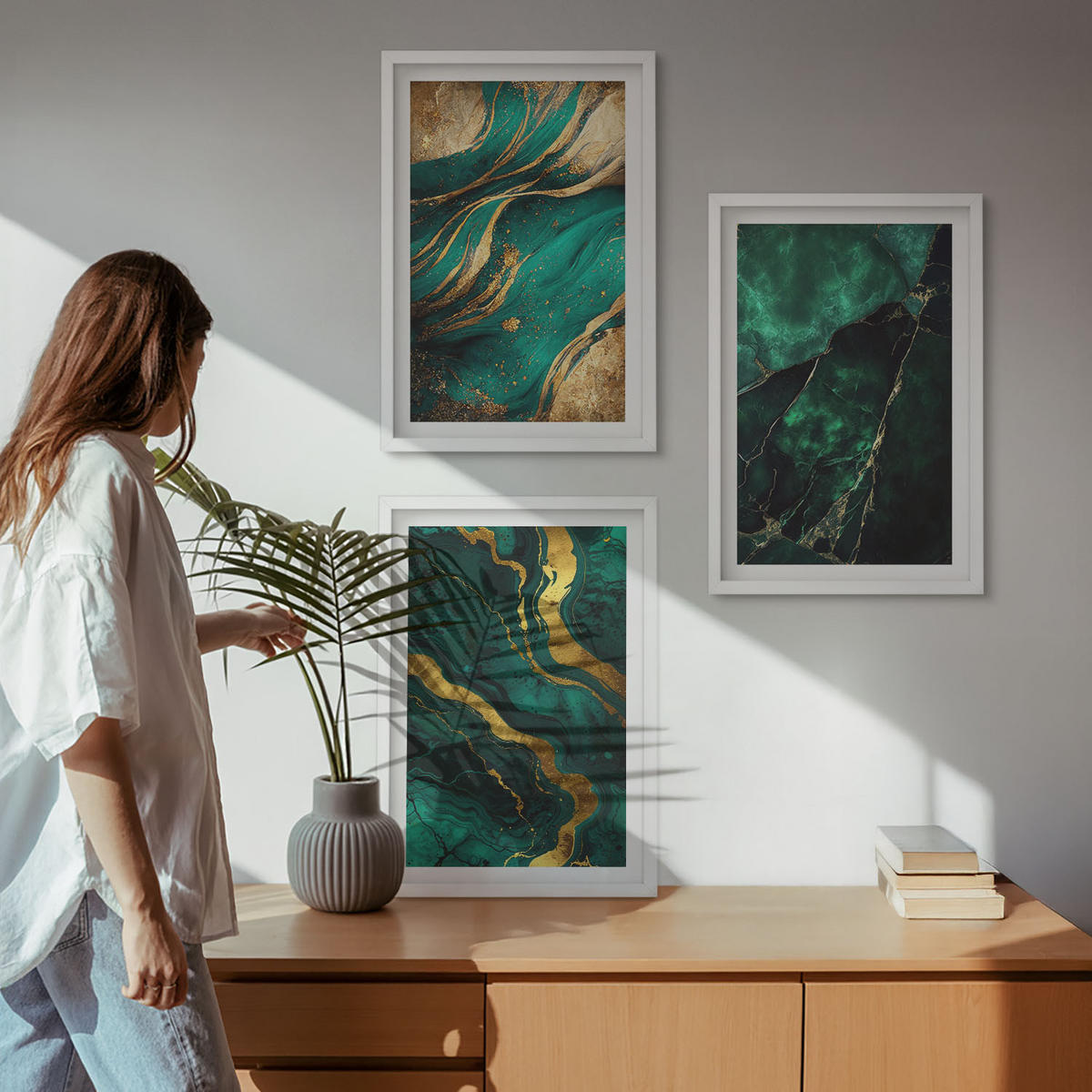 BILDER SET 3er Set - 40x60 cm Weißer Rahmen - Elegante Steinmuster - Weiß, Kunststoff (40/60cm) - TULUP