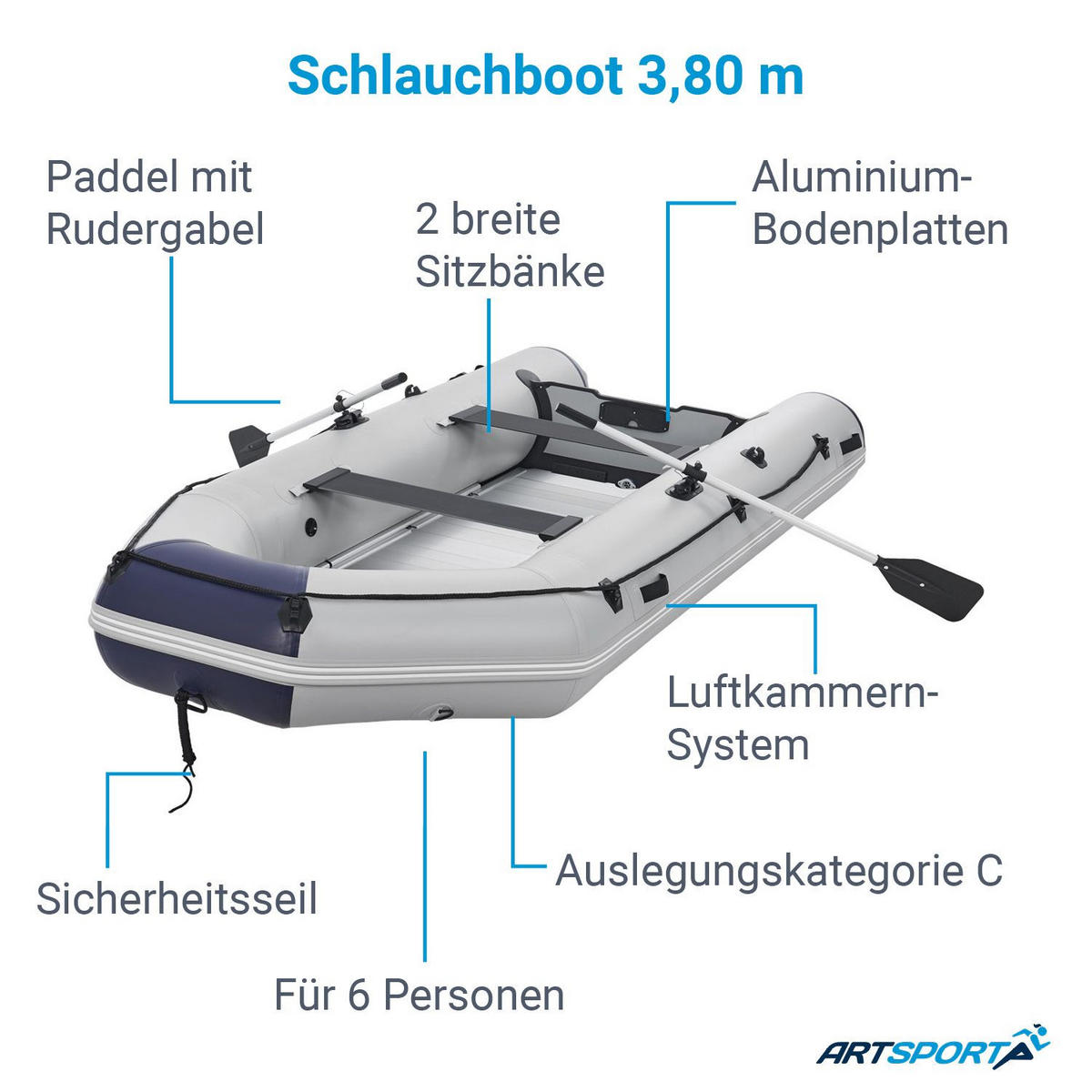 SCHLAUCHBOOT Paddelboot 3,80 m inkl. Tasche & Reparaturset - Grau, Kunststoff (380/170/77cm) - Artsport