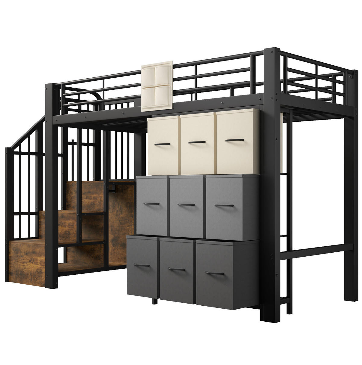 VISOKA postelja 90/200 cm črno-bela s predali, garderobno palico in stopnicami za shranjevanje iz kovine in MDF - bela, leseni material (90/200cm) - OKWISH