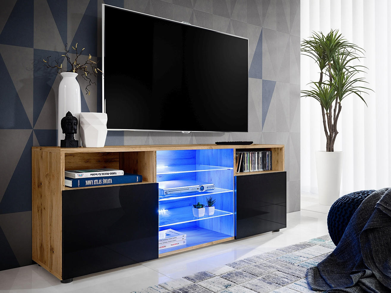 SIDEBOARD TV URBINO Eiche Wotan, Blau LED Beleuchtung - Eiche Wotan/Schwarz, Glas/Holzwerkstoff (140/53/35cm) - Komodee