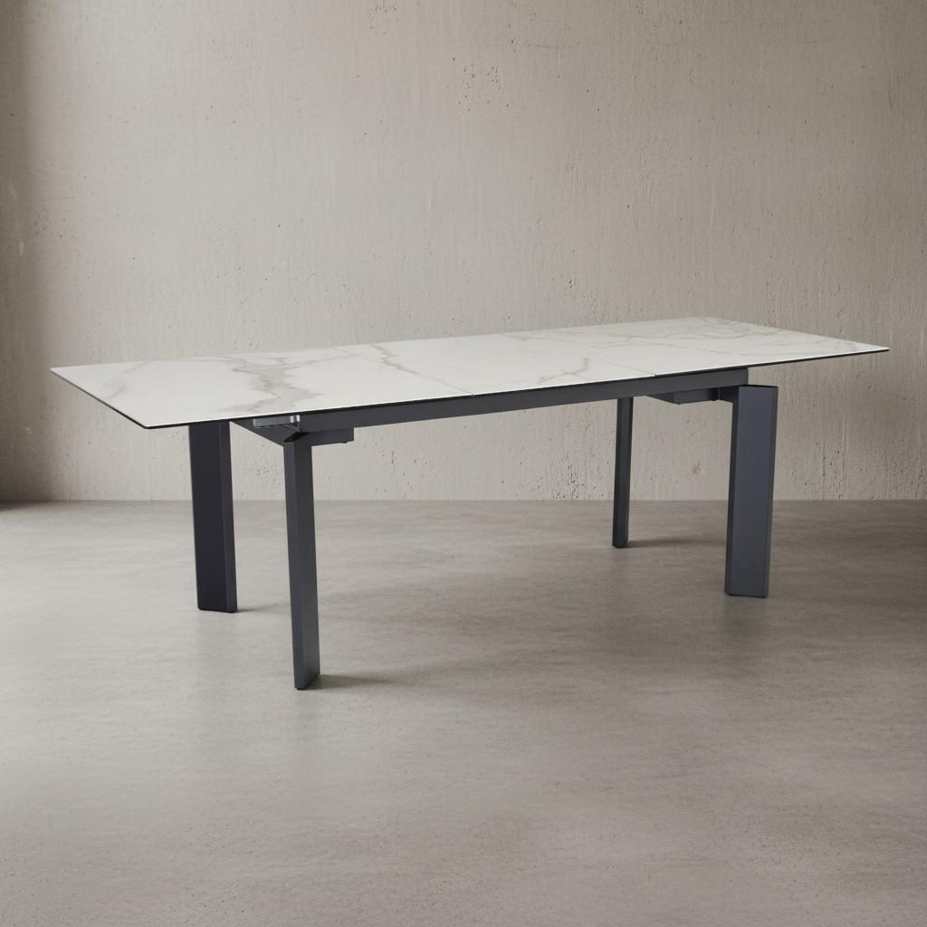 ESSTISCH Ausziehbar Keramik Glas Marmoroptik 180-240 MALTA, Weiß-Schwarz 180x95x77 cm - Schwarz/Weiß, Glas/Metall (95/180/77cm) - KADIMA DESIGN