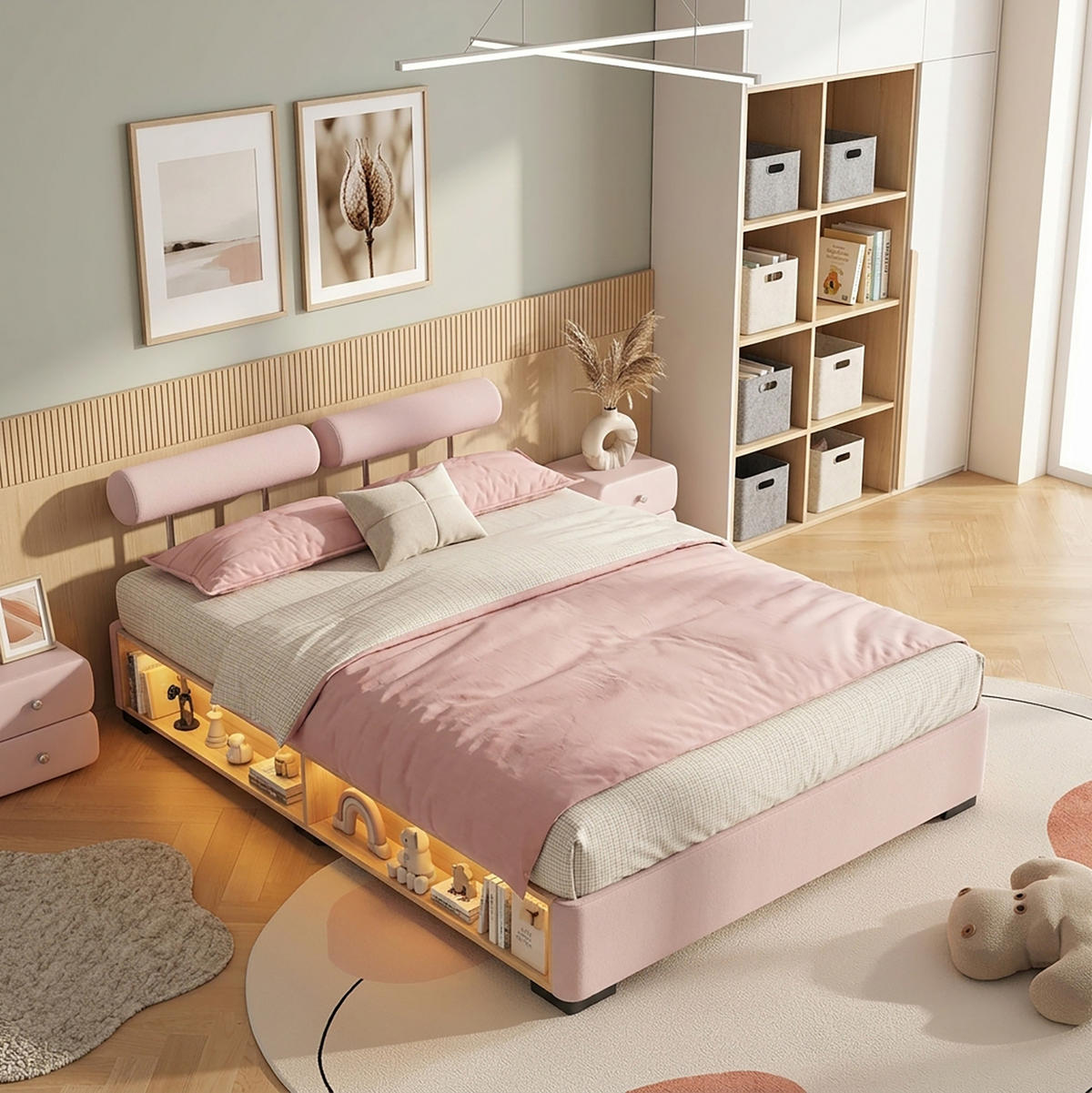 POLSTERBETT Rosa 140/200 cm mit LED und Stauraumfächern ohne Matratze - Pink, Textil (140/200cm) - MIVRAY