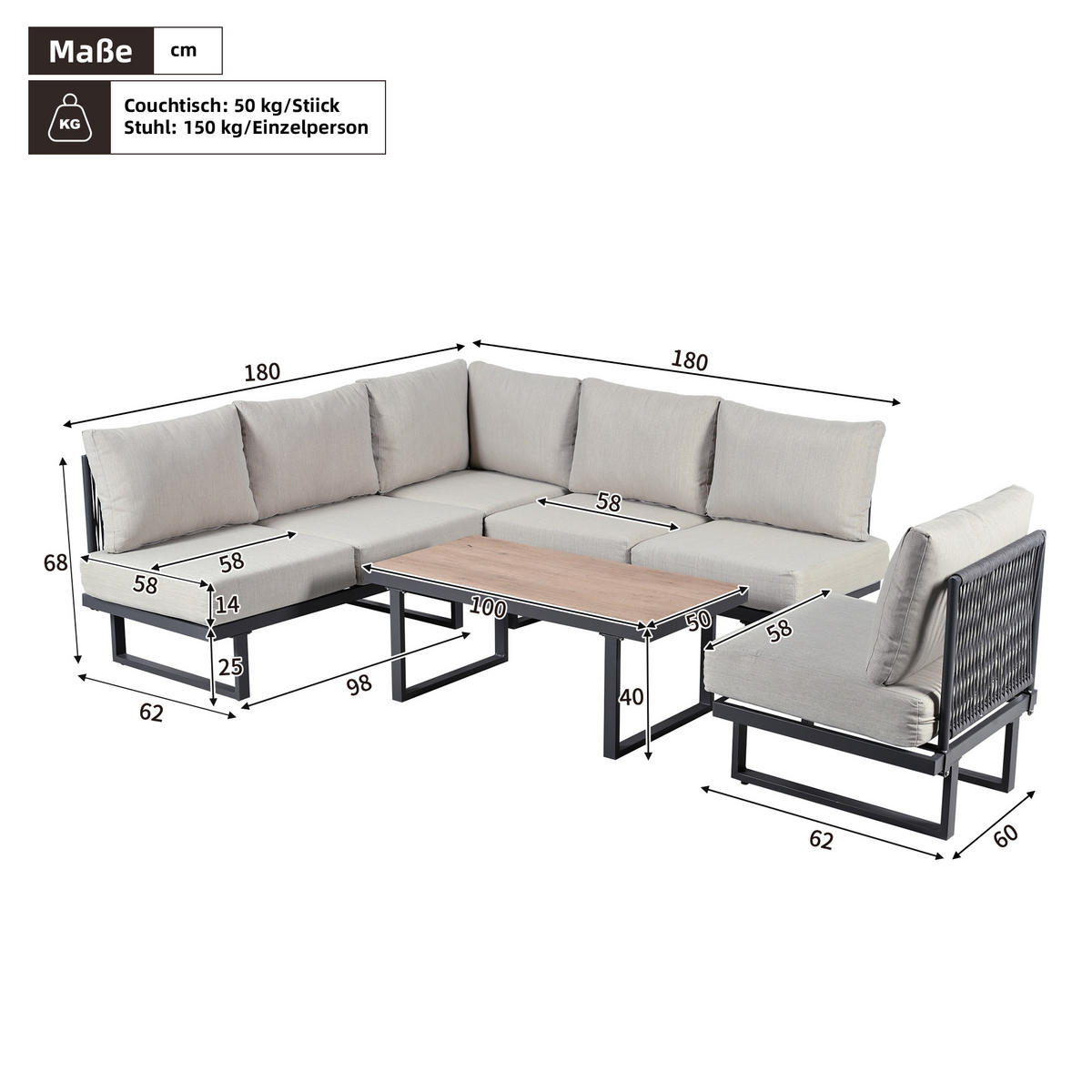LOUNGESET Grau Eck Mit Relaxbett & Couchtisch - Grau, Textil - FLIEKS