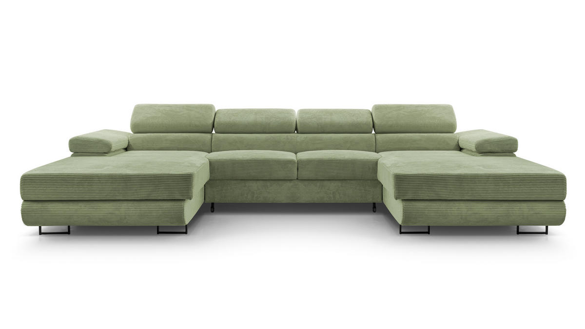 WOHNLANDSCHAFT Arborio Salbeigrün 352/202/90 cm mit Schlaffunktion - Schwarz/Grün, Textil/Metall (352/90/202cm) - AX Living