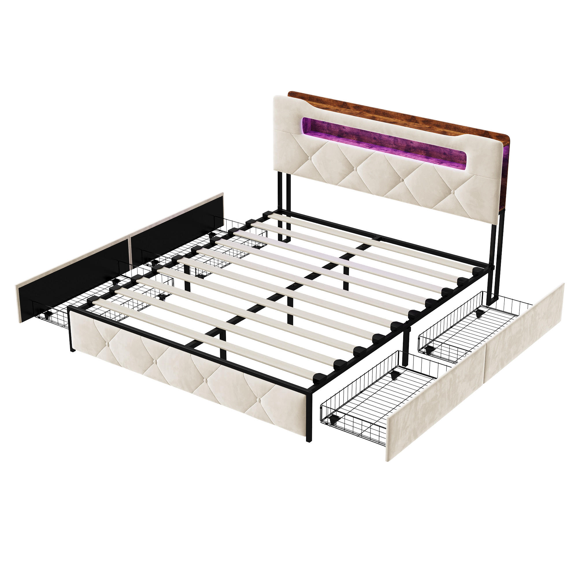 POLSTERBETT 140x190 cm Beige mit 4 Schubladen, LED Beleuchtung, Stauraum Kopfteil mit USB und Typ-C - Beige, Metall (140/190cm) - EuroLiving