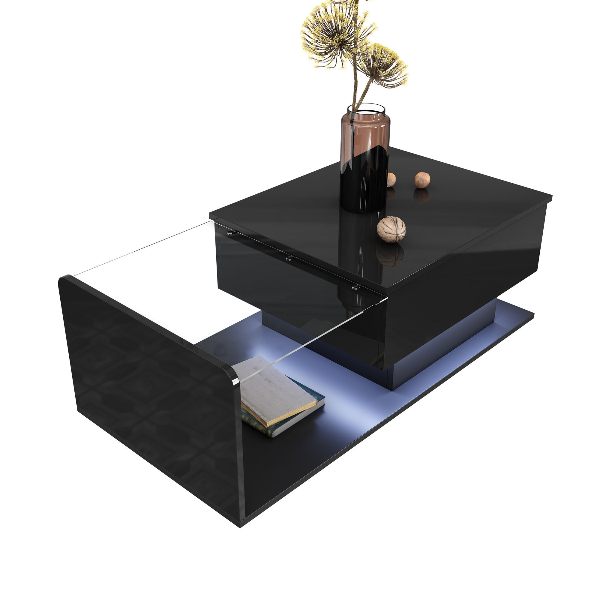 COUCHTISCH Hochglanz Schwarz mit Glasplatte und LED-Beleuchtung - Schwarz, Holzwerkstoff (100/50/33cm) - Korfee