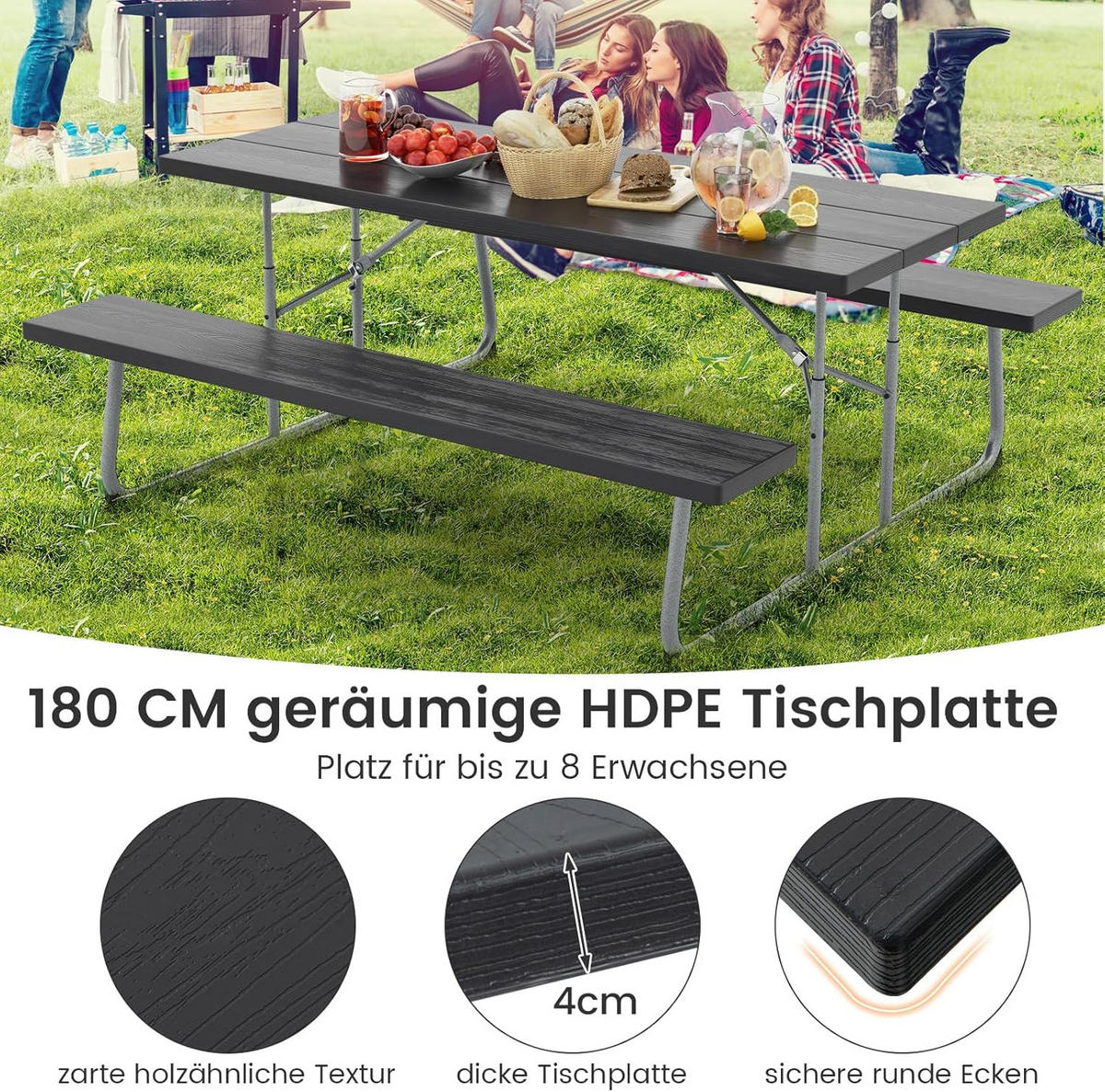 BIERTISCHGARNITUR Schwarz(3-teilig) - Schwarz, Holzwerkstoff (163/183/74cm) - COSTWAY