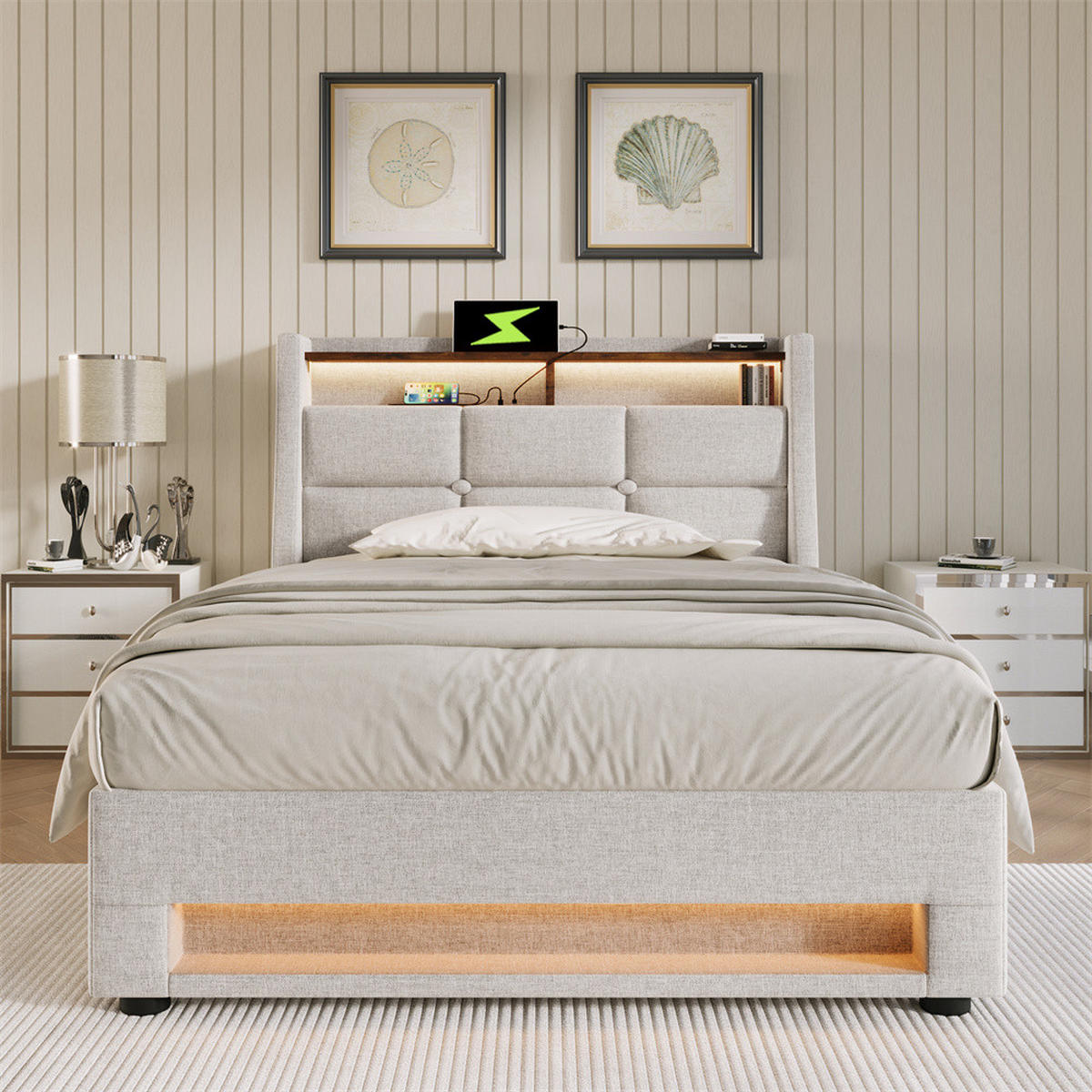 POLSTERBETT 90/200 cm in Linen mit USB - Beige, Holz/Textil (90/200cm) - KOMHTOM
