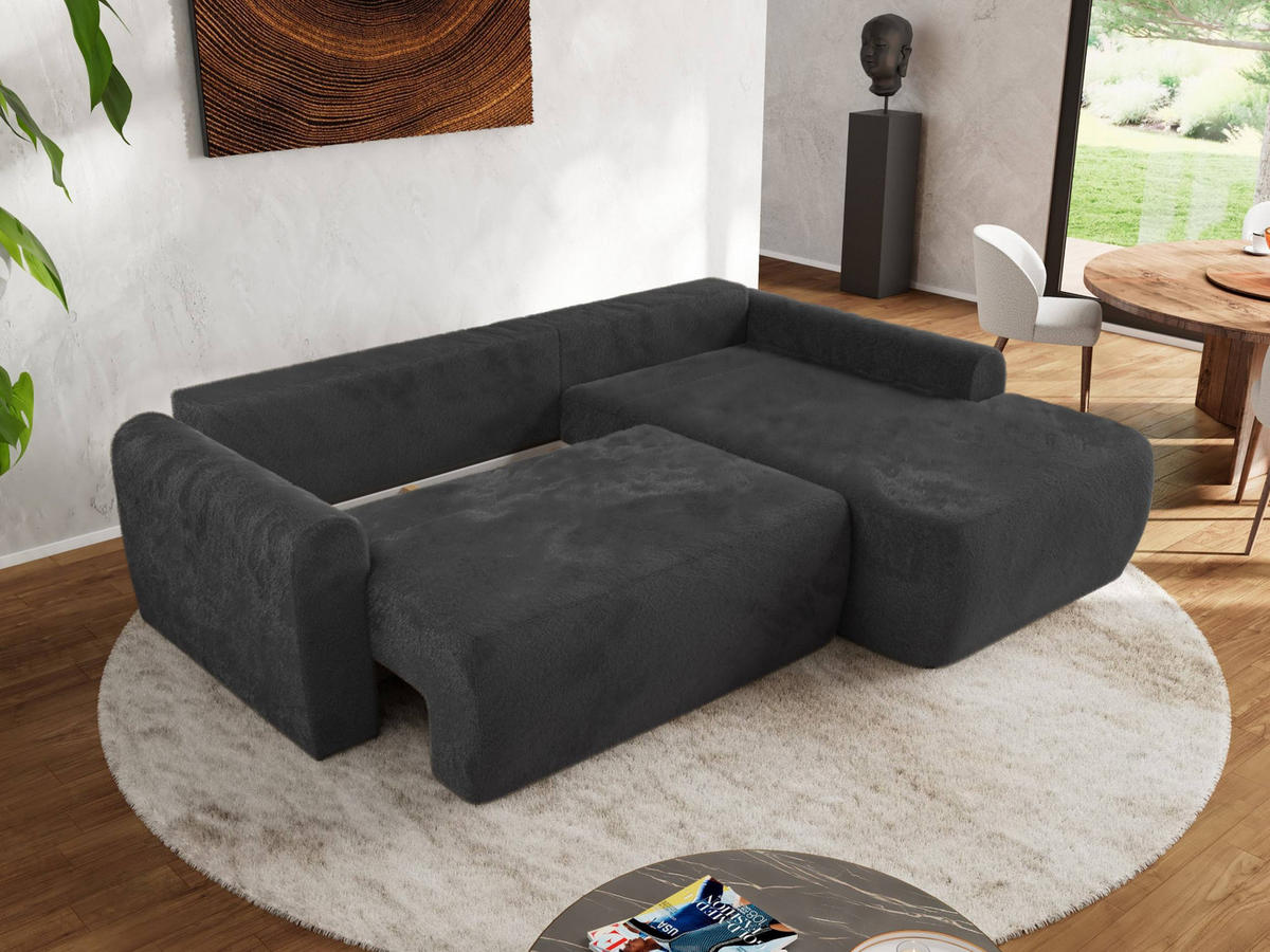 ECKSCHLAFSOFA CUBO L Dunkelgrau Plüsch - rechts - Dunkelgrau/Schwarz, Kunststoff/Textil (187/273cm) - MKS