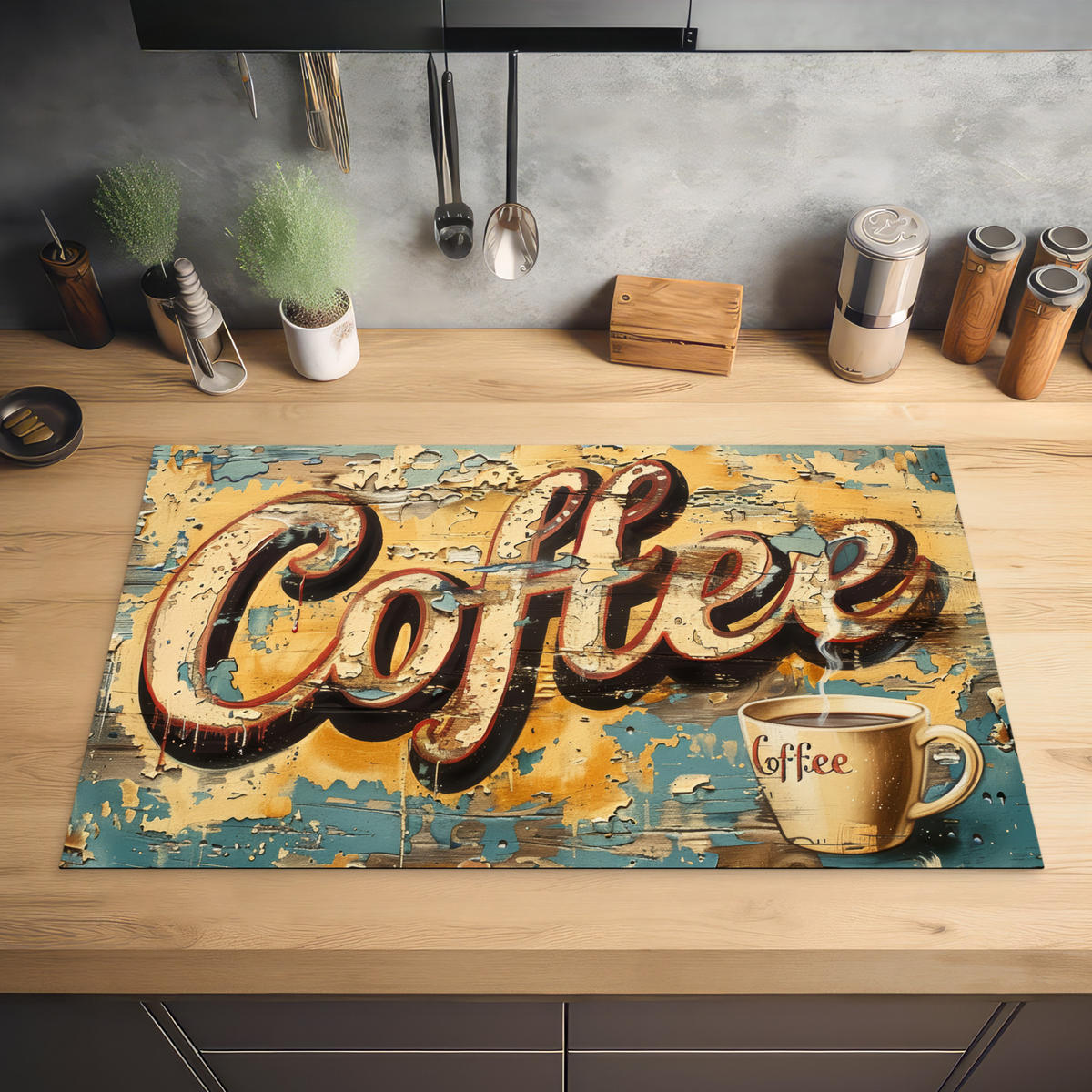 HERDABDECKPLATTE Kaffee - Vintage - Braun - Tasse 83x51 cm - Teakfarben, Kunststoff (83/0.2/51.5cm) - MuchoWow
