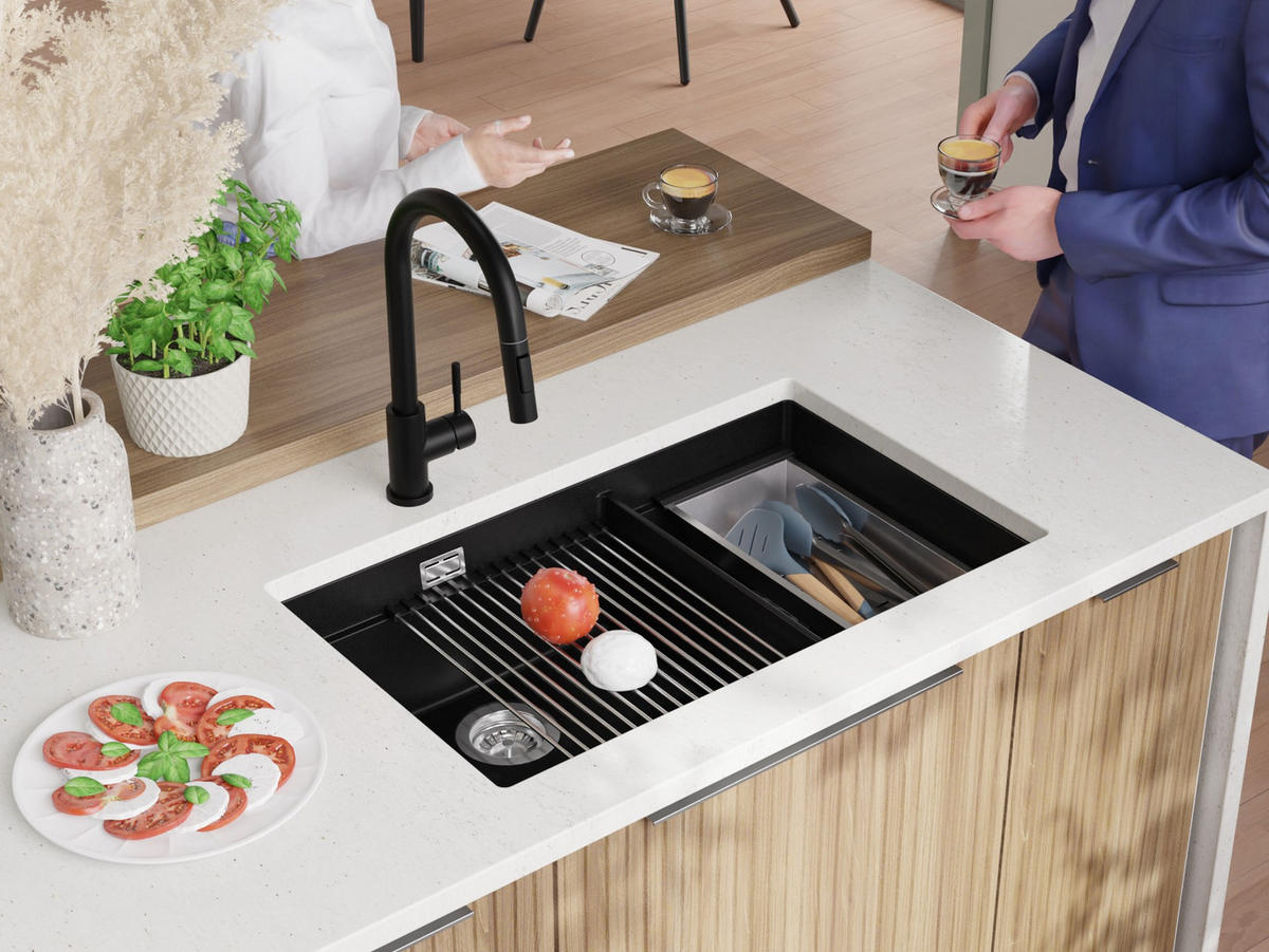 SPÜLBECKEN Praga Slim Duo, 2-er set Schwarz 76/47 cm 2 Becken + Ablauf-Set + Aufrollbare Abtropffläche ab 80er Unterschrank - Chromfarben/Schwarz, Kunststoff (76/20/47cm) - Primagran