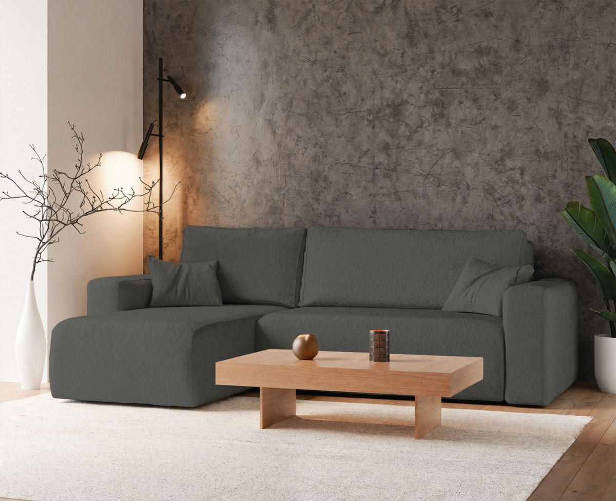 ECKSOFA Pianoni Dunkelgrau Bouclé-Bezug - Dunkelgrau/Schwarz, Kunststoff/Textil (244/140cm) - Selsey