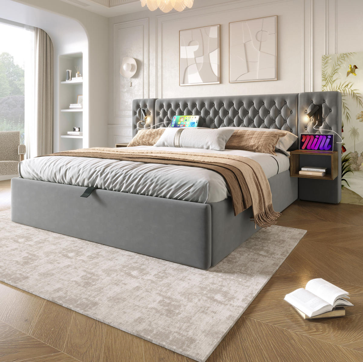 POLSTERBETT 180/200 cm Grau aus Samt mit Stauraum, 2 Nachttischen und USB - Grau, Textil (180/200cm) - Flora Grace