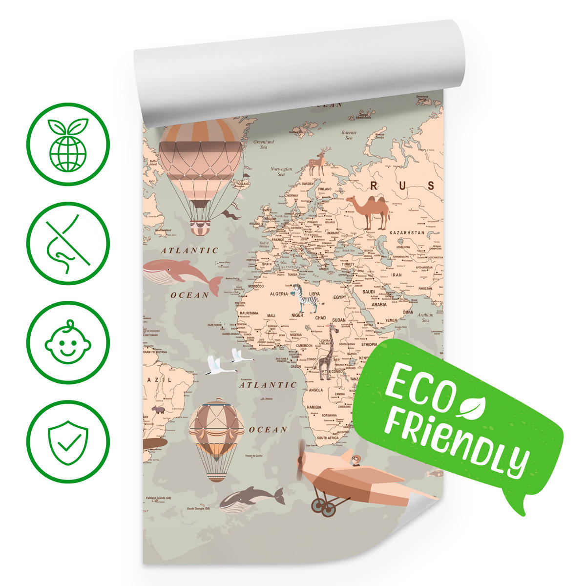 FOTOTAPETE für Kinderzimmer Retro Weltkarte Balony Flugzeuge 500x350 - Beige/Orange, Papier (500/350cm) - Muralo