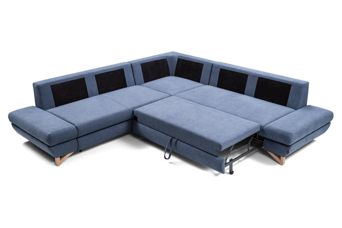 ECKSOFA CASA III L-S Blau Plüsch-Stoff mit Schlaffunktion - Blau, Holz (272/272cm) - MASSENO