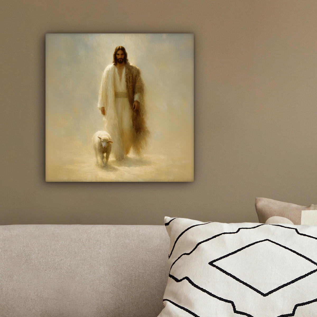LEINWANDBILD Schaf - Jesus - Pinselstriche - Abstrakt Deko Wohnzimmer 20x20 cm - Sandfarben, Textil (20/20cm) - MuchoWow