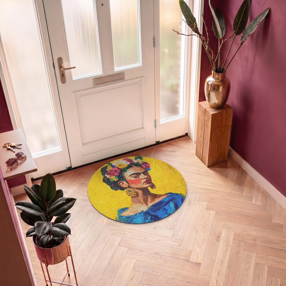 ROHOŽKA Frida Kahlo - Žena - Žlutá - Modrá - Květiny 90x90 cm - žlutá, textil/umělá hmota (90/0.4cm) - MuchoWow