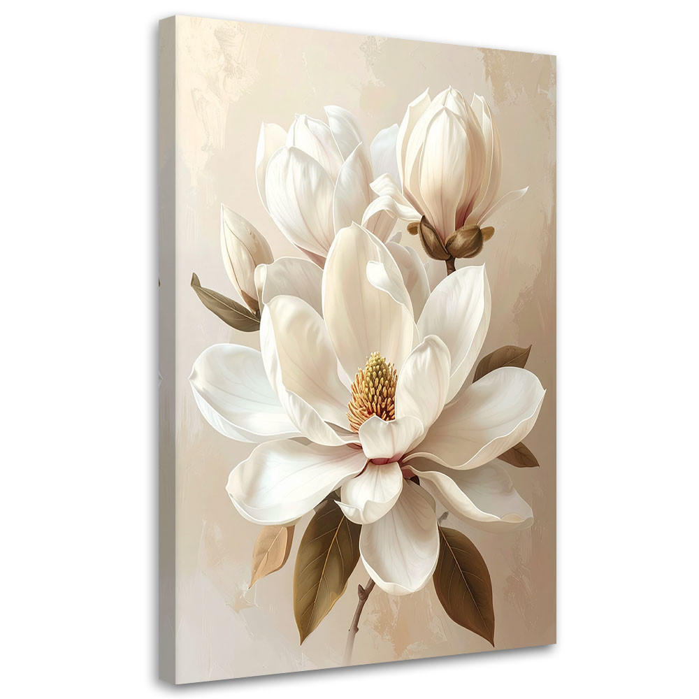 LEINWANDBILDER, Weiße Magnolien in einer eleganten beigen Komposition - Beige, Textil (60/90cm) - Feeby