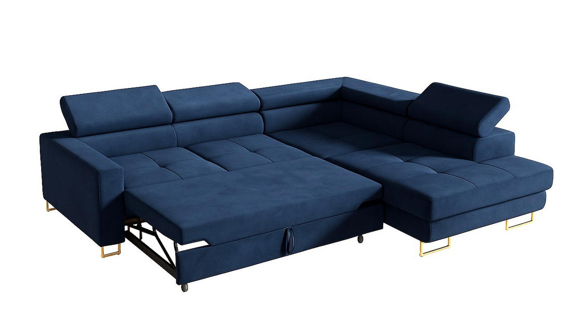 ECKSOFA Gold MERY Ausziehbar Mit Verstellbaren Kopfstützen Rechts - Dunkelblau, Textil (250/200cm) - Sepro Meble